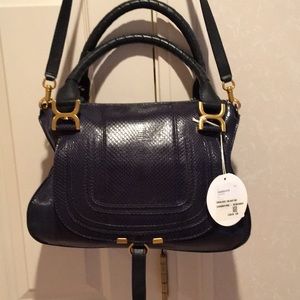 CHLOE MARCIE NAVY BLUE SNAKE STAMPED CROSSBODY BAG